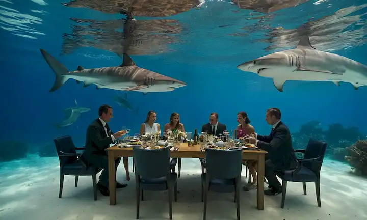 Un grupo de personas bajo el agua cenando con tiburones en una mesa rodeada de vida marina.