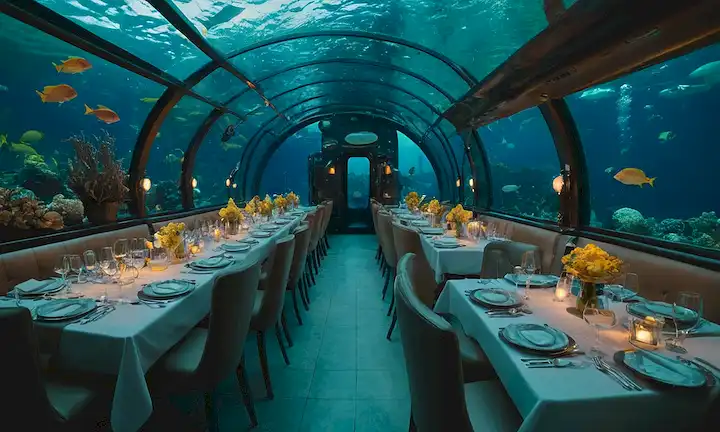 Comedores rodeados de vida marina subacuática cenando en un restaurante submarino acrílico.