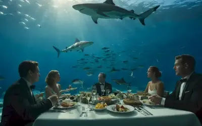 Comedores sentados en una mesa submarina
