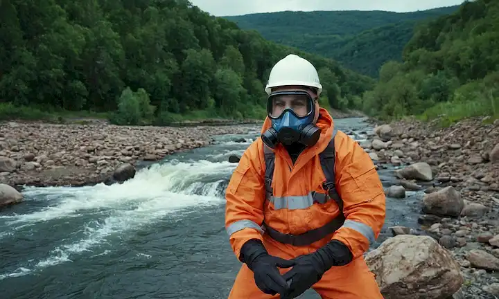 Ingeniero que usa engranaje protector en medio de sistemas fluviales y problemas ambientales. (Esta es una frase bastante larga para una breve descripción pero intenté hacerlo lo más conciso posible considerando su amplitud).