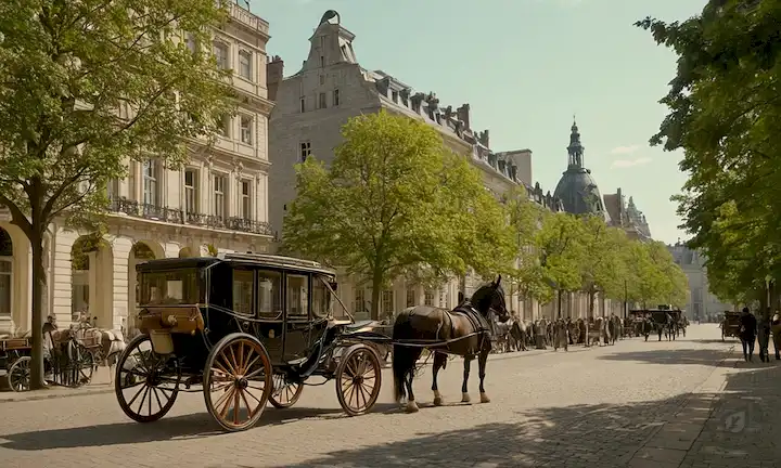 Paisaje urbano del siglo XIX con carruajes tirados por caballos, prototipo de vehículo eléctrico temprano estacionado junto a una calle arbolada, faros vintage y gaseosas, pavimento de madera, cascos de caballo y gente caminando en el fondo, arquitectura antigua