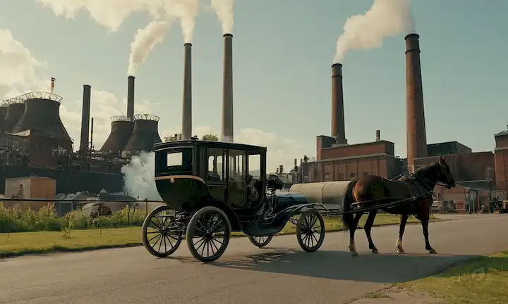 Paisaje urbano inspirado en el siglo XIX con carruajes tirados por caballos, faros eléctricos y un vehículo eléctrico prominente, probablemente un coche o automóvil temprano, en primer plano, situado en un telón de fondo de chimeneas industriales, chimeneas y fábricas