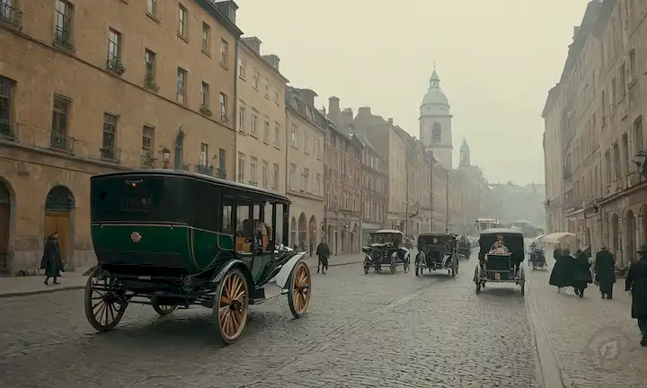 Paisaje urbano de estilo 1900 con coche eléctrico en la calle adoquinada, edificios históricos y aire libre de humo, gente caminando o de pie cerca, posiblemente carros tirados a caballo, sensación nostálgica, paleta de color muda