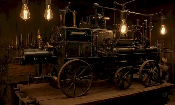 taller del siglo XIX, maquinaria a vapor, herramientas de inventores, componentes eléctricos de motor, marco de transporte de madera, bombillas vintage