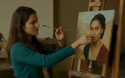 Una mujer artista pintando una pieza inspirada en artistas femeninos pasados por alto. La pieza muestra sus técnicas y dominio de diversos medios artísticos. A través de la lente de mujeres dominadas en el arte