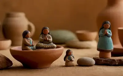 Figuras de arcilla pequeñas hechas de materiales naturales colocadas junto a una colección de cerámica y obras de arte únicas creadas por una comunidad de eco-artisanos. La palabra Saype está en Quechua