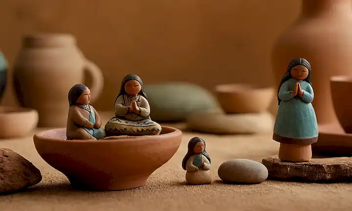 Figuras de arcilla pequeñas hechas de materiales naturales colocadas junto a una colección de cerámica y obras de arte únicas creadas por una comunidad de eco-artisanos. La palabra Saype está en Quechua