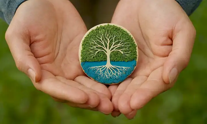 Una mano que sostiene un pedazo de arte biodegradable y sostenible, mostrando unidad con la naturaleza. (En inglés: The Art of Screenprinting: A Walk Towards Pantalla sostenible que une la humanidad con la naturaleza.)