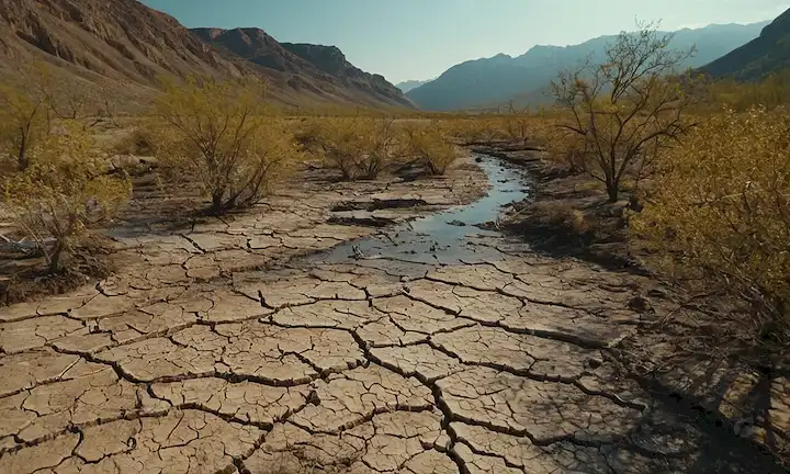 Tierra seca, agrietada, árboles marchitados, paisaje estéril, plantas encaramadas, ríos trineos, glaciares fundidos, flora de deslumbrante, fauna muerta, ecosistemas devastados, crisis climática, fenómenos meteorológicos extremos, olas de calor, sequías, incendios forestales, pérdida de hábitats, amenaza de extinción, desastre ecológico
