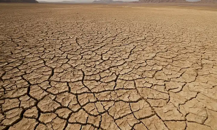 tierra asada, plantas marchitadas, suelo agrietado, lechos de ríos secos, paisajes estériles, cielos áridos, cultivos moribundos, vida silvestre sedienta, humanos desesperados, y un sentido de devastación