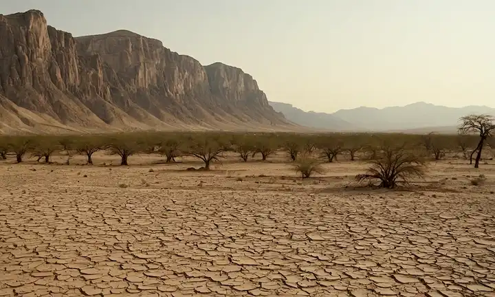 Tierra descubierta, cosechas deslumbrantes, troncos de árboles desgarrados, paisajes polvorientos, costas de ríos estériles, cielos desolados, montañas desgarradas por el sol, bosques secos y áridos