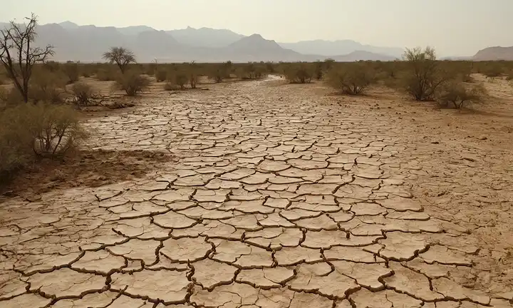 tierra asada, grietas de ríos secos, plantas marchitadas, árboles estériles, animales sedientos, tormentas de polvo, cultivos marchitados, lagos secos, paisajes desolados, cielos desgarrados