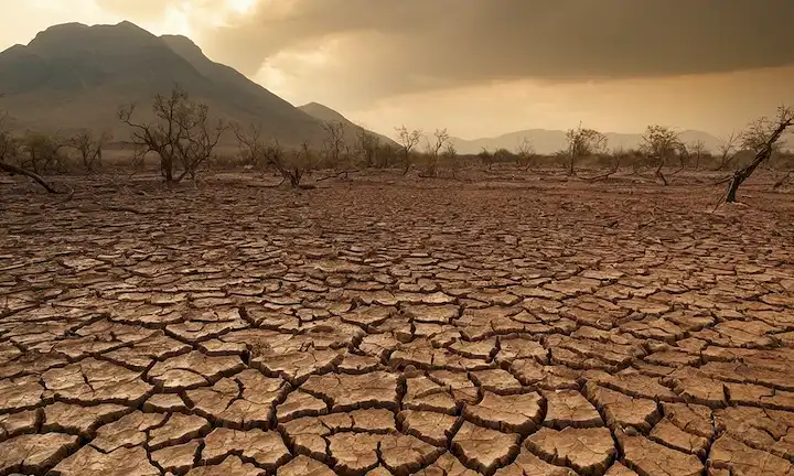 Una superficie de tierra desgarrada, hojas secas y plantas marchitadas, un paisaje de sequía, una ola de calor envolviendo una ciudad, derritiendo glaciares, elevando niveles de mar, un ecosistema devastado, cosechas marchitas, condiciones climáticas extremas, un ambiente tormentoso y un planeta en apuros