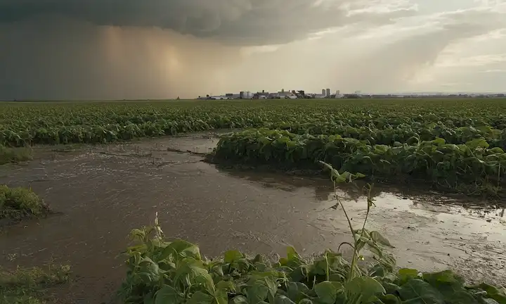Una tierra enredadada con plantas de barrido, una capa de hielo polar derretida, un paisaje urbano inundado, una granja asolada por sequías, cielos llenos de humo y un sistema meteorológico tormentoso
