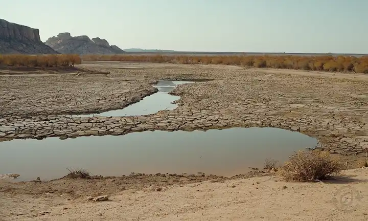 Una tierra encaramada, árboles marchitados, rocas agrietadas, un paisaje estéril, un lecho de río seco, un lago moribundo, un animal desesperado buscando agua, un campo de cultivo destruido, una familia que lucha por encontrar comida y agua