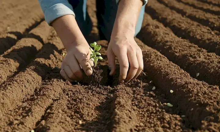 Semillas en bandejas, suelo con brotes, hileras de plantas que crecen, semillas que se dispersan a mano, campo de cultivo, plantación de manos de agricultores, tractor o maquinaria para labrar suelo