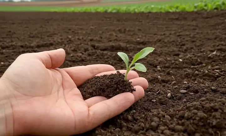 a granjeros que sostienen una semilla, suelo con diferentes texturas y niveles de humedad, semillas sembradas en hileras, tractores o arados en el fondo, plano de la textura crumbly del suelo, brotando plantas que crecen fuera del suelo, diverso paisaje agrícola con diversos cultivos, herramientas agrícolas que se encuentran al lado del campo
