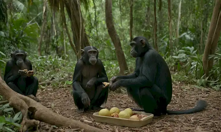 Un grupo de primates que intercambian alimentos en un bosque tropical, con un subtítulo que menciona el nombre y la ubicación de Savannah, Burka y Chokwea.