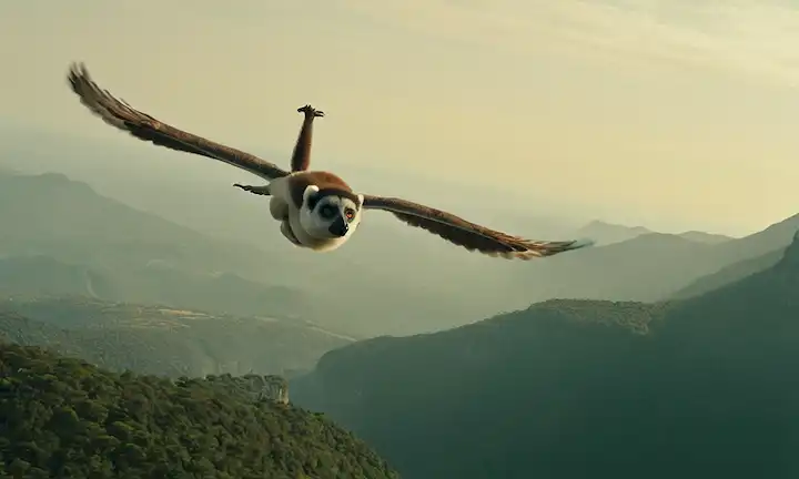 Lemur volando con gracia a través del aire con una investigación científica en remolque. (El título inglés podría ser el aspecto científico de la aviación lemuriana)