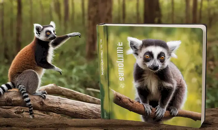 Libro con una cubierta ilustrada en una reserva natural, con ilustraciones de lemures y movimientos de danza aérea entre troncos de árboles.