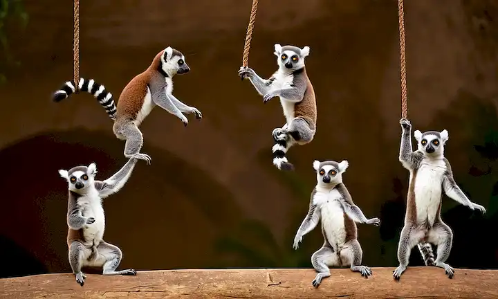 Un grupo de criaturas parecidas a los lemures que realizan una rutina de baile aéreo. Traducido al inglés como Lemurs Voladores: La danza aerial de los Leopardos más pequeños. (Asumiendo que esto sea una referencia a algún tipo de vida silvestre o rendimiento cultural).