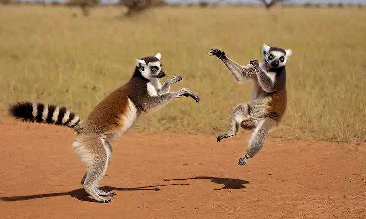 Un grupo de lemures ágiles saltando y realizando movimientos de danza aérea en la sabana africana.