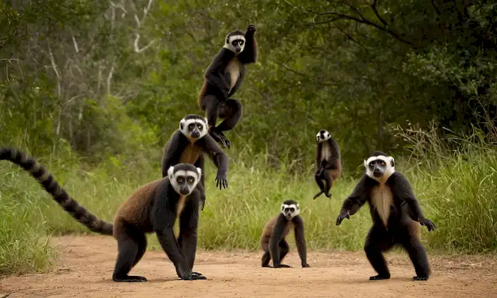 Un grupo de lemur (gigantopithecus) parading en el aire con movimientos acrobáticos, simbolizando su estrategia de movimiento vertical. Su danza icónica se presenta como una metáfora para adaptarse a entornos cambiantes durante un evento geológico histórico. El público observa este espectáculo cautivador desde muy cerca.