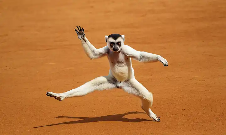 Sifaka saltando con gracia a través de un tango aéreo rítmico inspirado en su agilidad excepcional. En un entorno artístico abstracto, incorporando elementos como el color y la textura.