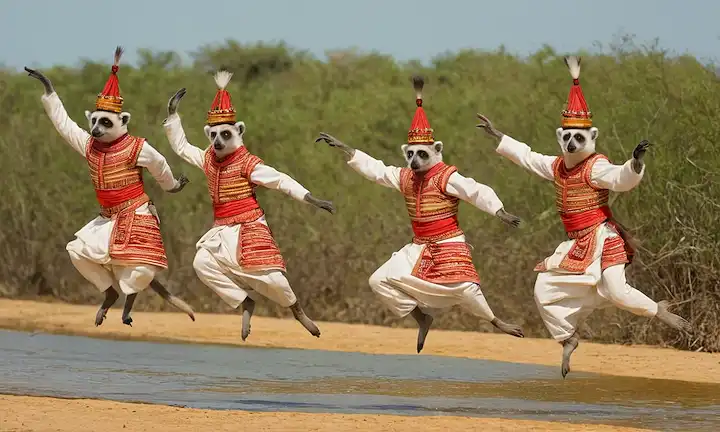 Un grupo de bailarines brillantemente vestidos, el lemur Siwa, saltando al unísono, estableciendo un ritmo pacífico entre los movimientos rítmicos y la interacción armoniosa representada por una serie de canoas ecuestres sincronizadas, el espectáculo vibrante que significa el cambio climático como una amenaza inminente.
