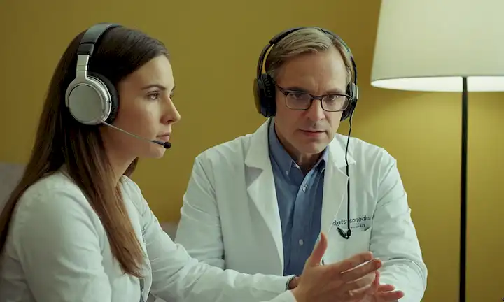 Una persona que lleva auriculares mientras discute el impacto psicológico de la belleza con un médico. La imagen podría destacar una presentación de discusión o investigación sobre el síndrome de Strmohský también conocido como Síndrome de Stendhal, mostrando sus causas, síntomas y posibles medidas de prevención.