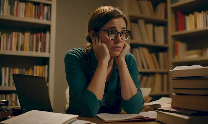 Persona sentada en el escritorio, rodeada de libros de autoayuda y portátiles, con una expresión desconcertada.