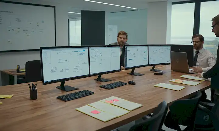 3D espacio de oficina, trabajo en equipo, colaboración, pantallas informáticas, computadoras portátiles, documentos, mesa de reuniones, pizarra blanca, bolígrafos, notas pegajosas, innovación, estrategia, crecimiento empresarial, liderazgo, gestión, flujo de trabajo, eficiencia, productividad