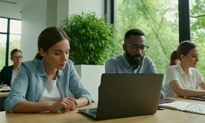 5 personas en una oficina moderna, diversas edades y profesiones, trabajando juntos en computadoras portátiles y tabletas, rodeado de vegetación, ruido mínimo de fondo, ambiente colaborativo