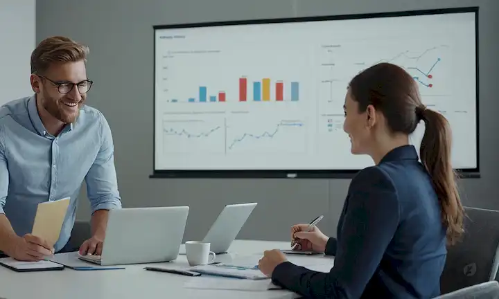 gráfico 2D, visualización de datos, flujo de proceso, gente de negocios, mesa de reuniones, laptops, notas, caras sonrientes, colaboración, trabajo en equipo, innovación, eficiencia, productividad, barras de progreso, gráficos, diagramas, flechas, flujo de trabajo, integración, sinergia, crecimiento, desarrollo