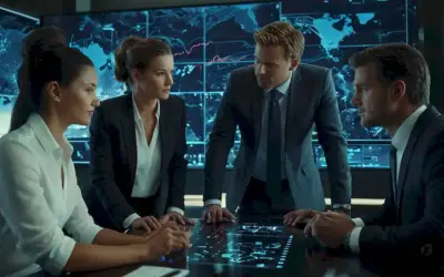 3D rendering of businesspeople collaborating around a digital dashboard