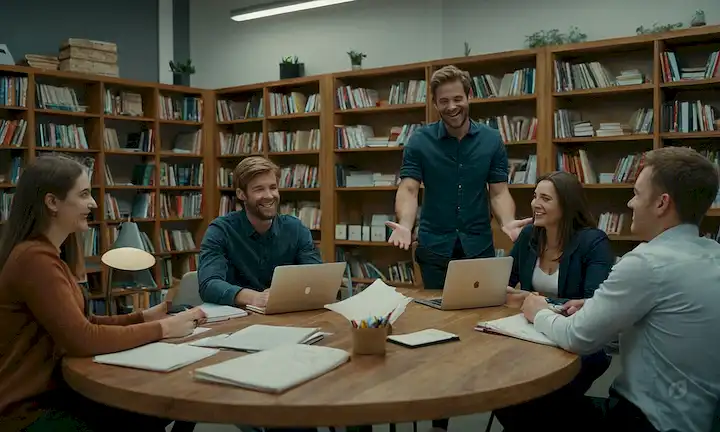 4-5 personas se reunieron alrededor de una mesa con papeles y portátiles, sonriendo, agarrando las manos en un círculo, mirando una pantalla grande mostrando diagramas de flujo de proceso y estadísticas, rodeado de estantes llenos de libros, premios y certificados
