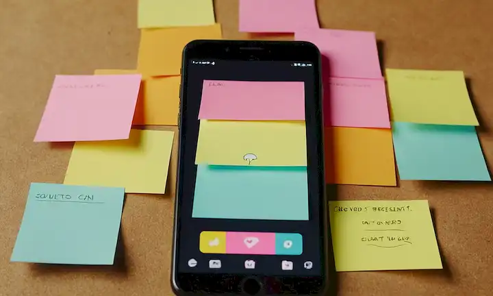 Notas pegajosas animadas y burbujas de chat en una pantalla de teléfono con diseño creativo.