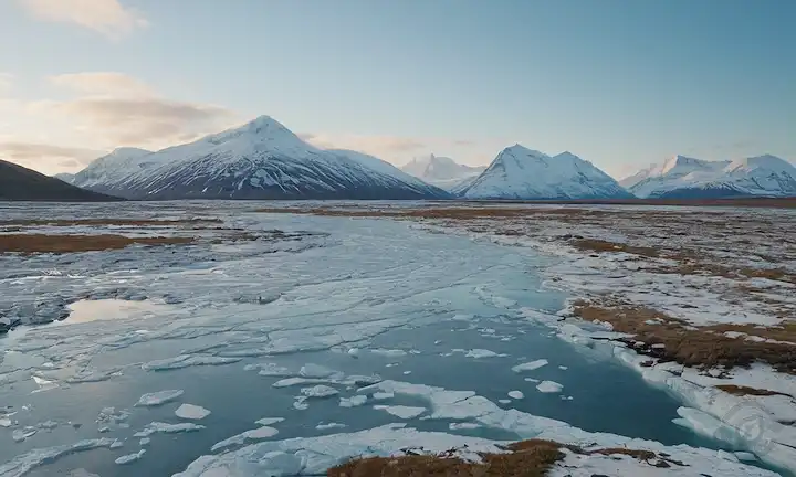 paisaje de tundra helado con grietas permafrost de derretido, suelo de tala y vegetación en crecimiento, glaciares que se calientan en el océano, zorros árticos u otras especies afectadas, lagos congelados y ríos que se desmoronan, montañas heladas derrumbados, tierra de invierno que se transforma en un prado perrito, caos climático que se desarrolla