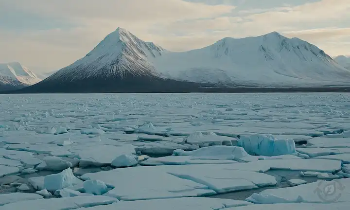 Paisaje ártico con permafrost derretido, tundra helada, montañas nevadas, osos polares en apuros, glaciares derretidos, terrenos áridos, capas de hielo desmoronados, y un toque de oscuridad en el horizonte