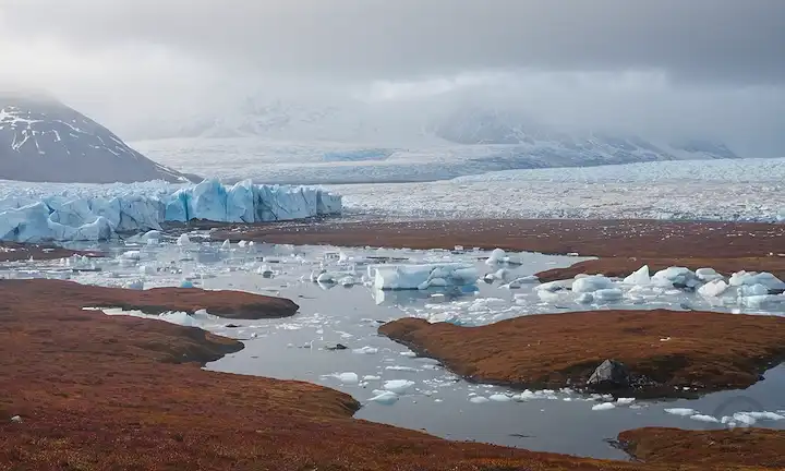 paisaje de tundra helado con glaciares de fusión en el fondo, bloques de hielo dispersos y agua en la piscina en el suelo, niebla peluda o niebla rodeando terrenos helados, escasa vegetación ártica visible, cielo blanco de estrellas sobre