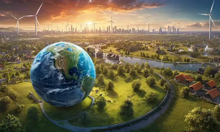3D Tierra con ciudades desbordantes y vegetación que luchan por crecer en medio del caos, abejas ocupadas polinizando flores en un prado vibrante rodeado de skylines urbanos, paneles solares y turbinas eólicas generando energía limpia en medio de infraestructura industrial, sistemas de transporte futurísticos que atraviesan el globo, humanos diversos de todas las edades y capacidades disfrutando de reservas naturales, y una sutil aurora boreal brilla brillante en el fondo
