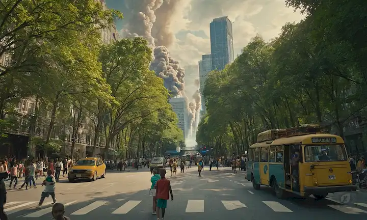 Crowded city streets with people and vehicles, a dense forest with towering trees and fauna, a map with interconnected lines representing migration routes, a group of children playing in a park surrounded by skyscrapers, a clock face showing time running out for the planeta, a Globe with smoke stacks and pollution clouds surrounding it