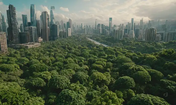 Paisaje urbano 3D con calles abarrotadas, rascacielos torrentes y aire contaminado, rodeado de exuberante vegetación y especies en peligro, insinuando un mundo que lucha por equilibrar el crecimiento y los límites de la naturaleza