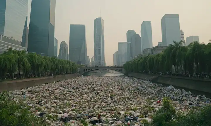 Paisaje urbano lleno de basura desbordante, ríos contaminados, y rascacielos torrentes en medio de un telón de fondo de vegetación exuberante con flores marchitadas, todo bajo un cielo agitado con un esbozo débil de un globo