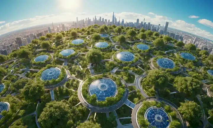 3D Tierra con vegetación, paisajes urbanos futuristas, líneas interconectadas y puntos que representan relaciones, grupos de población diversos, engranajes entrelazados o piezas de rompecabezas que sugieren sostenibilidad, cielo azul brillante con sol