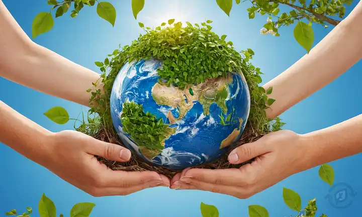 globo 3D, manos interconectadas, hojas verdes, paneles solares, símbolos de reciclaje, un árbol con raíces extendiéndose, un cielo azul brillante, gente sonriente, diversa comunidad, prácticas sostenibles y flores florecientes