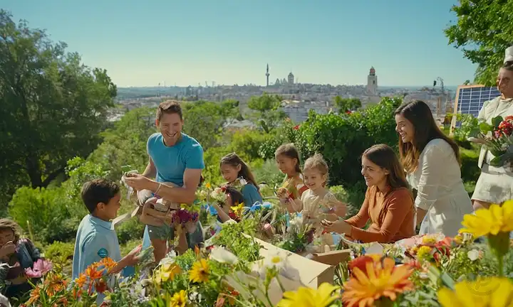 Gente sonriente, rodeada de exuberante vegetación, niños jugando con juguetes reciclables, paneles solares brillando brillantemente, miembros de la comunidad ayudándose mutuamente, flores vibrantes floreciendo, diversas culturas celebradas, manos con productos ecológicos, un soleado cielo azul, y un paisaje urbano con arquitectura sostenible en el fondo