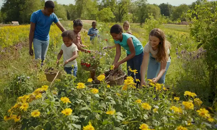 Personas plantando árboles, sonriendo niños sosteniendo flores, manos ayudándose mutuamente, diversos miembros de la comunidad trabajando juntos, paneles solares brillantes, abejas recolectando néctar de flores, agricultores felices cosechando cultivos, mariposas volando libremente
