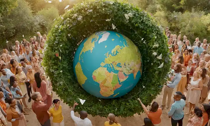 globo 3D con redes financieras interconectadas, diversas personas de diferentes orígenes, iconos sostenibles como hojas y flores, flechas circulares que representan inversión responsable, una sutil sonrisa para representar positividad y crecimiento, todo rodeado de una paleta de colores cálido que transmite esperanza y optimismo