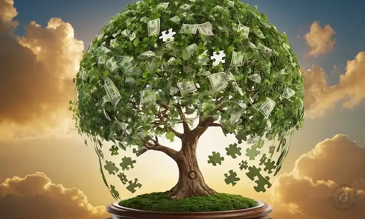 Árboles 3D creciendo desde un globo, hojas formadas como símbolos euro, plantas de dinero con brotes verdes, caras sonrientes en las nubes, engranajes interconectados formando un árbol de vida, manos sosteniendo piezas de rompecabezas